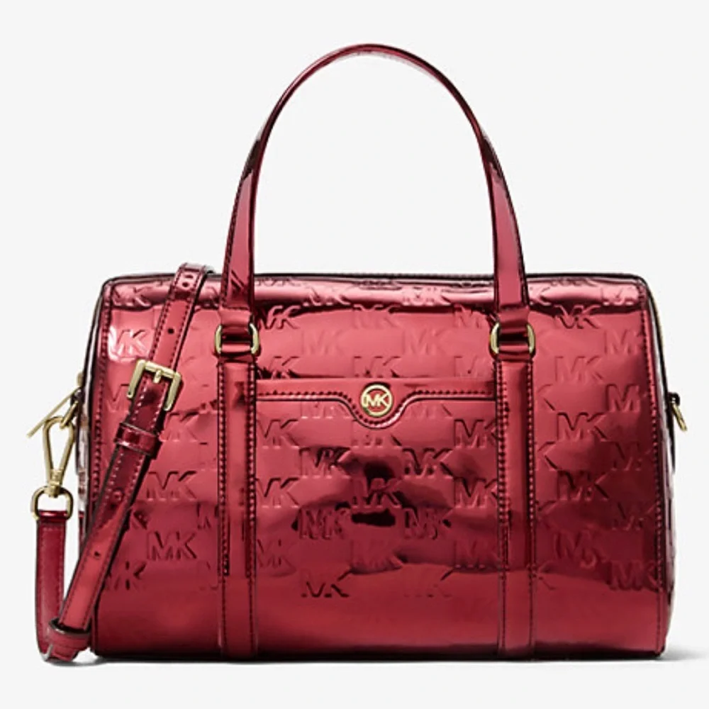 MICHAEL KORS Jet Set Medium Metallic Logo Debossed Satchel Duffle Duffel Cherry